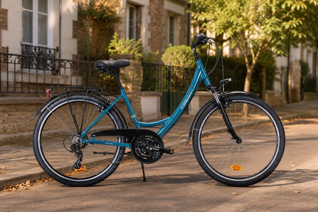 Vélo de ville Conor bleu à cadre bas, sur béquille au bord d'un trottoir devant une façade en meulière